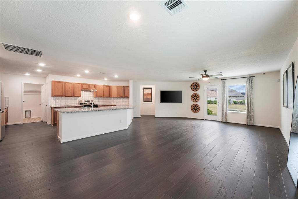 living room and kitchen and dining area.