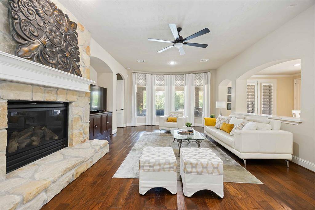 This view from the front door and foyer into the family room is a great first impression for family and friends of the living space.