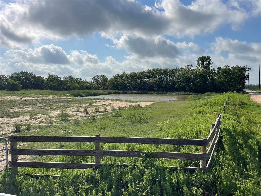 View from the entrance showcasing the front fencing, lush greenery, and pond—an inviting first impression with functional access and water features in sight