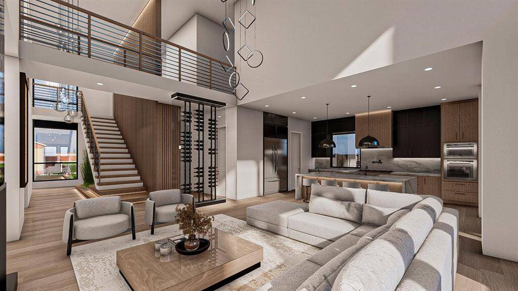 Artist rendition of Living Room with Kitchen in the background 1