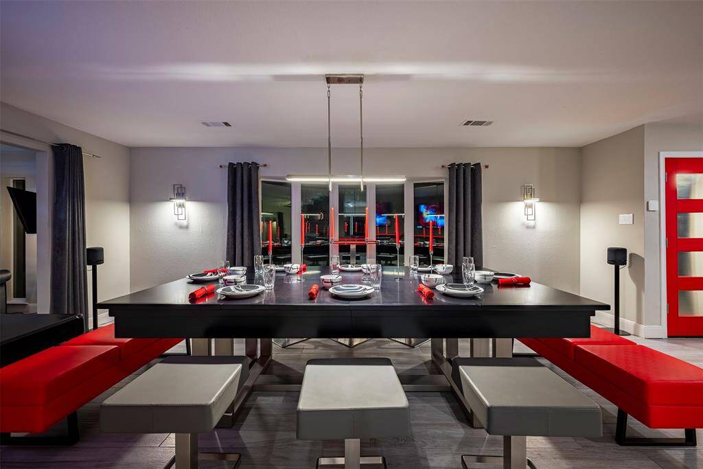 Bay window accents room for dining or pool table