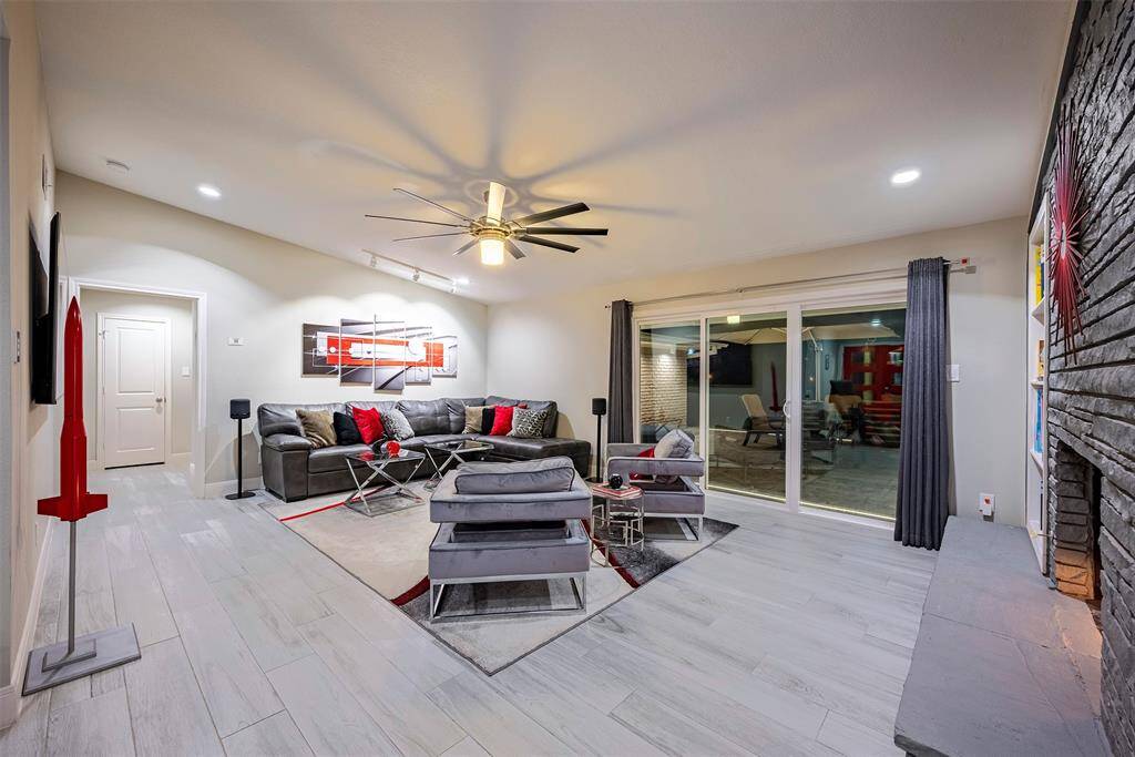 Sliding doors lead out from living space too