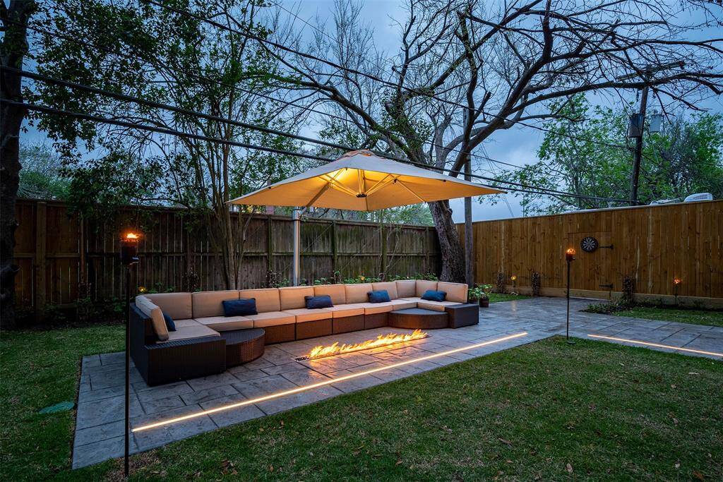 inset custom lighting & inground fire pit
