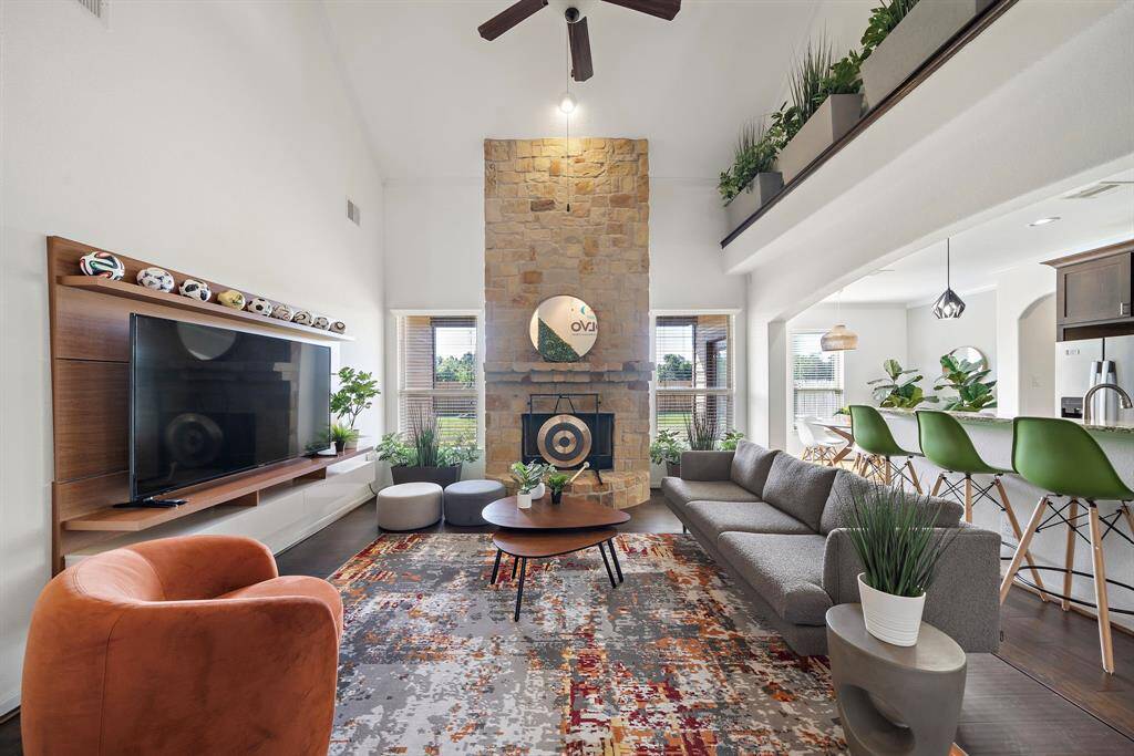 Stone fireplace and spacious open floorplan.