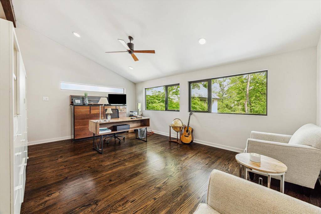 Huge primary, split-suite has a bedroom and an office with more great views of the backyard and surrounding greenery.