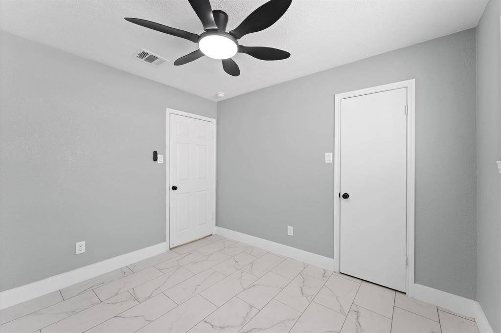 Updated bedrooms with style, storage and personalized temperature control with ceiling fans