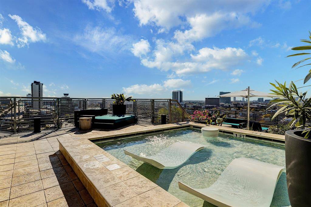 This photo showcases a luxurious rooftop terrace with a small pool and lounging chairs, offering stunning city views. Ideal for relaxation and entertaining, the area is complemented by modern outdoor furniture and lush greenery.