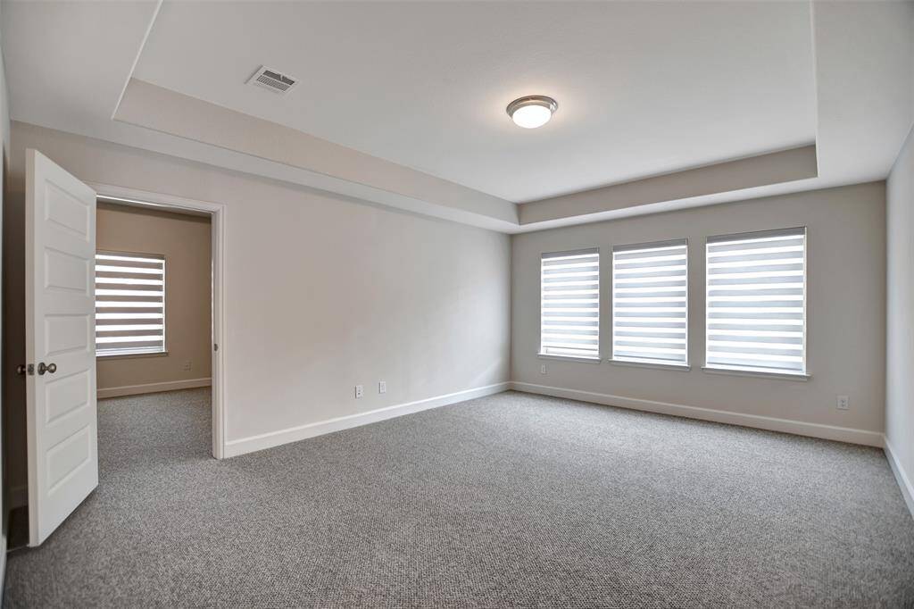 This is a spacious, carpeted room with neutral walls and three large windows with zebra blinds, offering ample natural light. It features a tray ceiling and a closed door leading to another room.