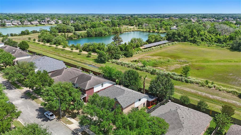 Aerial view with water features.