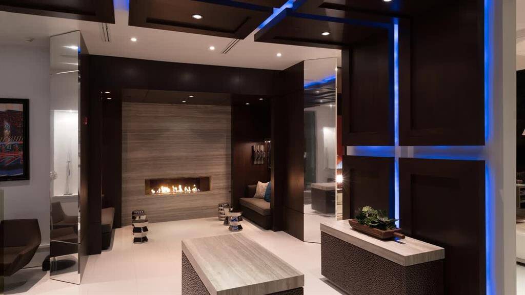 Lobby area with WiFi, comfy couches and a fireplace