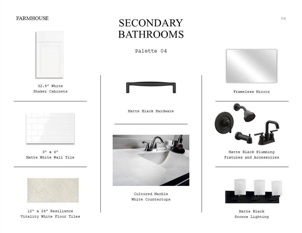 Farmhouse Look Palette 4: Secondary Bathroom Selection Sheet (*Artist rendering used for illustration purposes only.)
