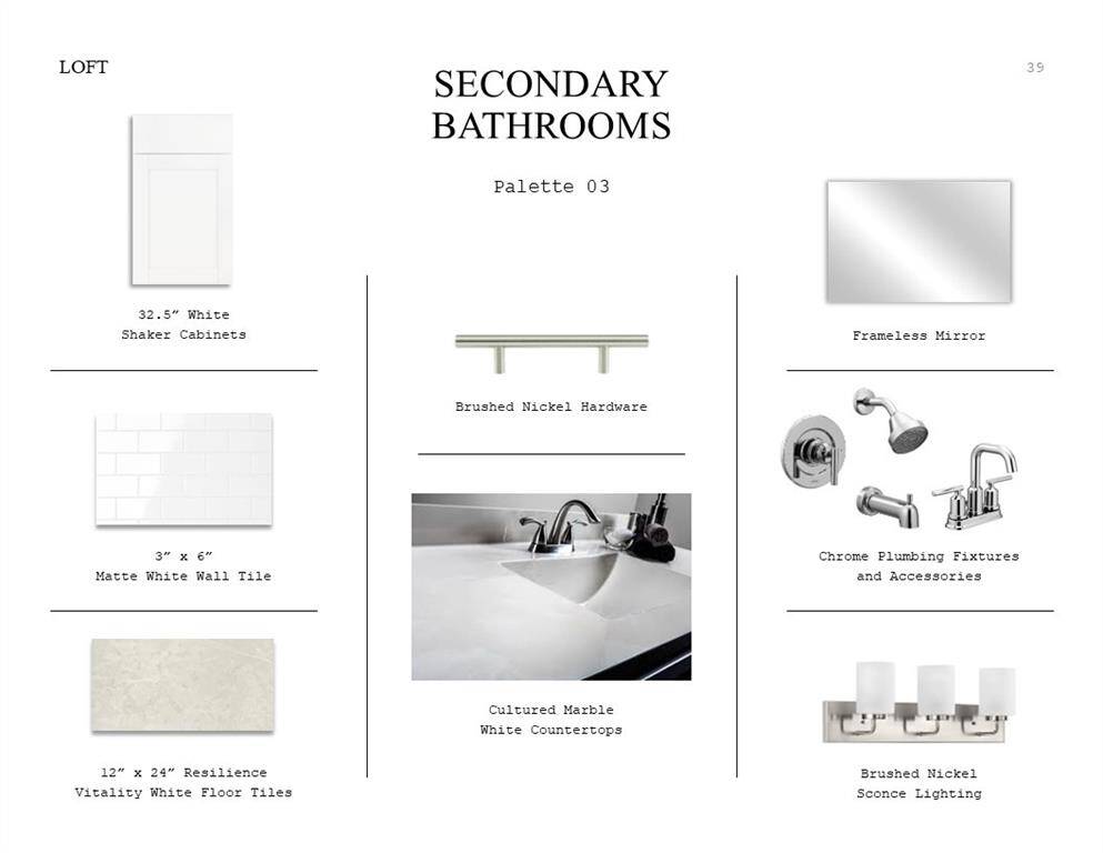 Loft Look Palette 3: Secondary Bathrooms Selection Sheet (*Artist rendering used for illustration purposes only.)