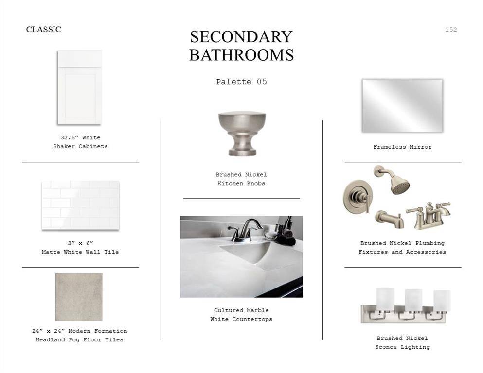 Classic Look Palette 5: Secondary Bathrooms Selection Sheet (*Artist rendering used for illustration purposes only.)