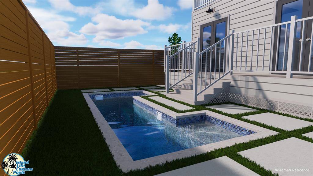 This is a rendering of a pool that could fit in the backyard.  The options are endless to make the backyard into your personal retreat!