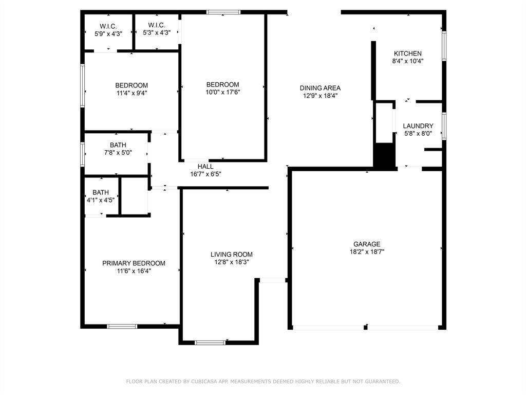 The floor plan features a spacious layout with three bedrooms, two bathrooms, and a primary bedroom with a walk-in closet. It includes a large living room, a dining area, and a kitchen adjacent to a laundry room. There's also an attached garage offering ample space.