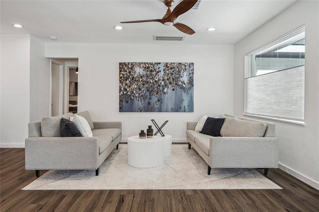 Living room with sleek modern fan