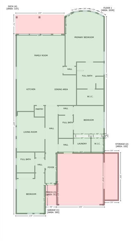 The green shows the livable area; the pink shows the non livable area which are the garage and the back porch. Note that the Garage has an added 5'X21' extra storage area.