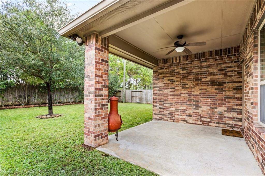 Great patio with cover and lights and ceiling fan