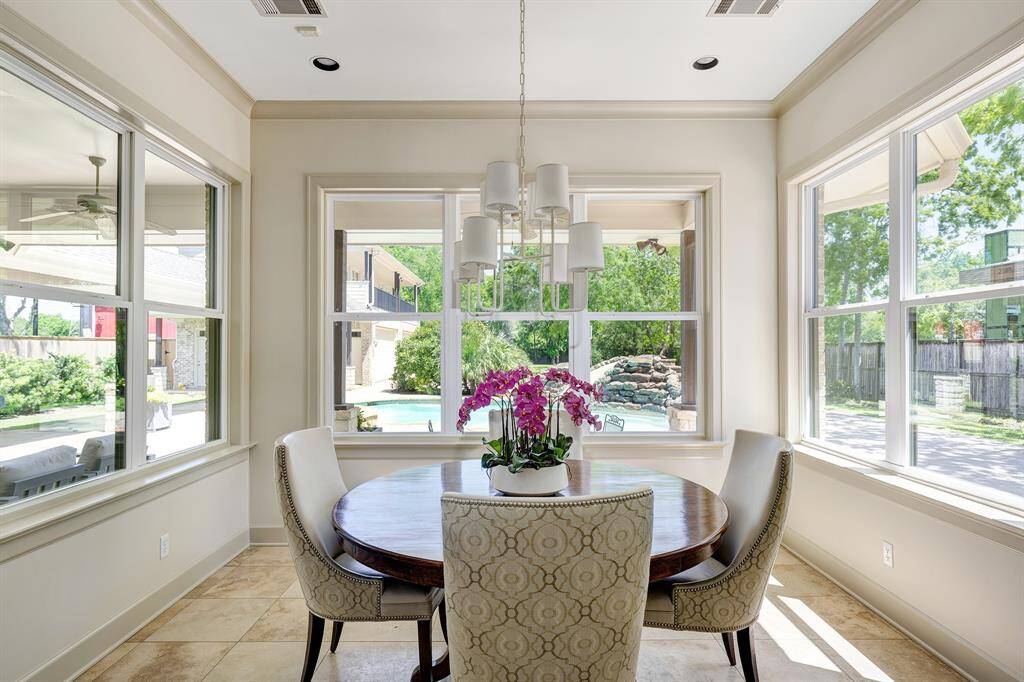 Breakfast nook surrounded by windows and views of the expansive outdoor space
