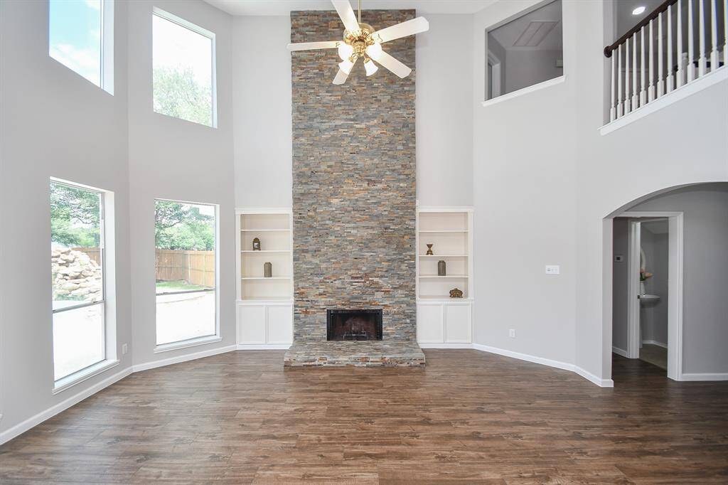 Dramatic high ceilings in the family room.