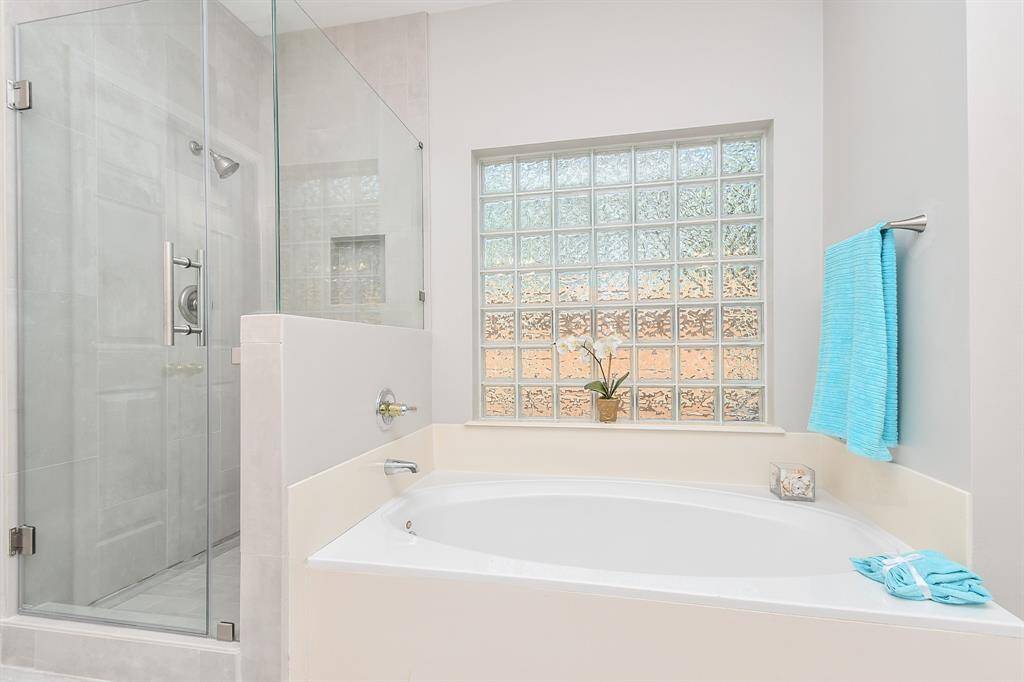 Separate tub and shower with glass block window