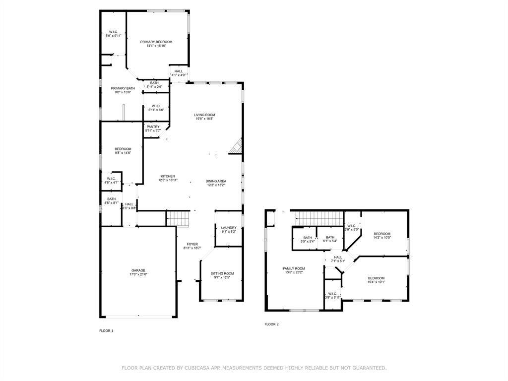 This floor plan features a two-story home with a spacious layout. The first floor includes a large living room, an open kitchen with a dining area, a primary bedroom with an en-suite bath, an additional bedroom, a second bath, a sitting room, laundry room, and a garage. The second floor has two more bedrooms, each with walk-in closets, two additional bathrooms, and a family room. The design offers ample space and functionality for a comfortable living experience.