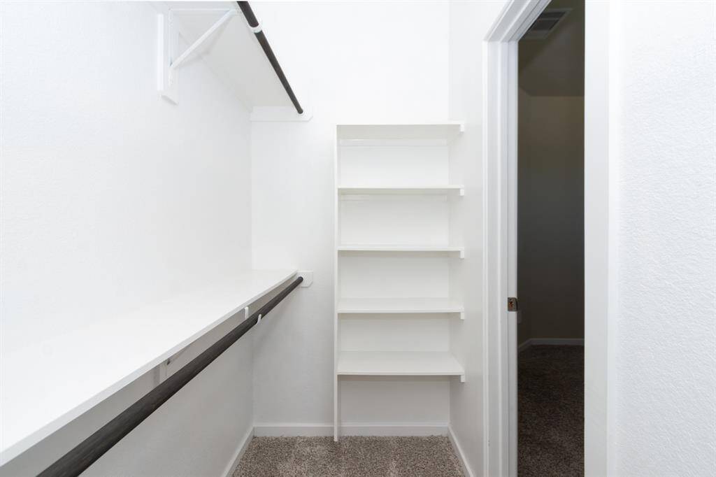 Spacious walk-in closet in primary with built-in shelves and rods for hanging clothes. The space is carpeted and connects to another room through an open doorway. This space is much larger in person than it appears.