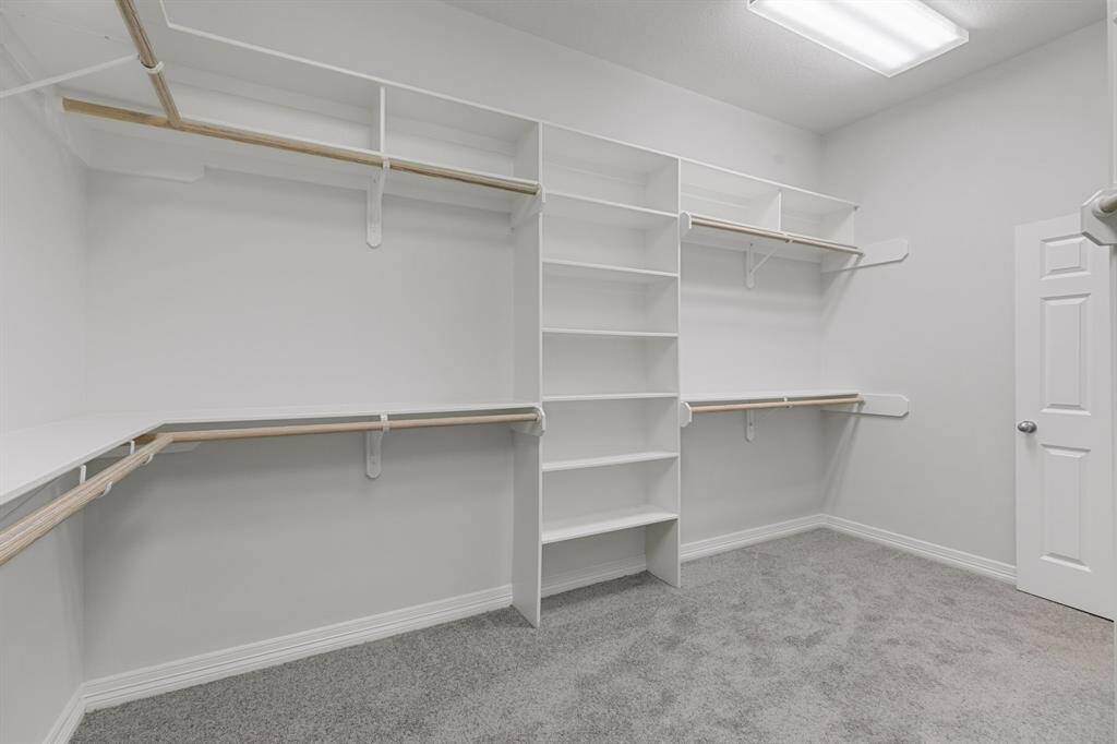 This is a roomy walk-in closet featuring ample shelving and hanging space. It has carpeted flooring, bright lighting, and a neutral color scheme that enhances its airy feel. One of two closets in the primary bedroom.