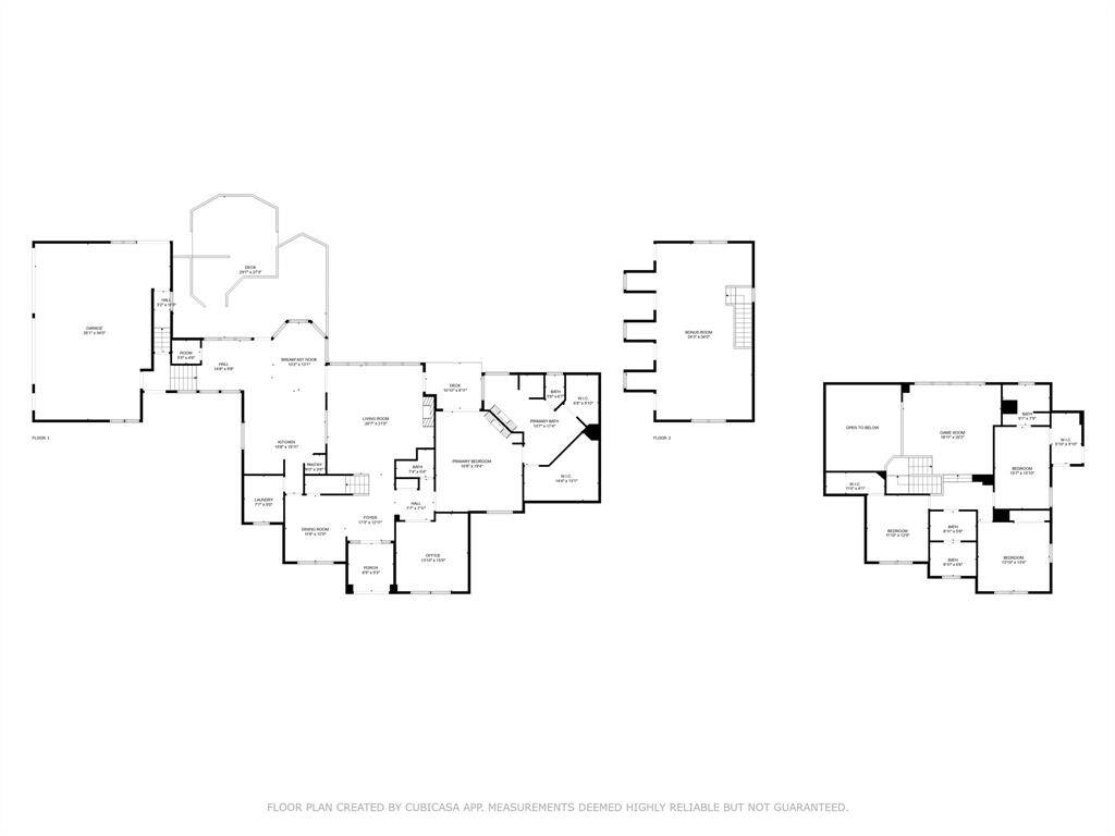 This floor plan shows a spacious multi-level home with various rooms including a large 3-car garage, multiple bedrooms & bathrooms, a kitchen, dining area, and living room., gameroom and bonus room. There are distinct areas for different living spaces, providing a combination of open and private areas.