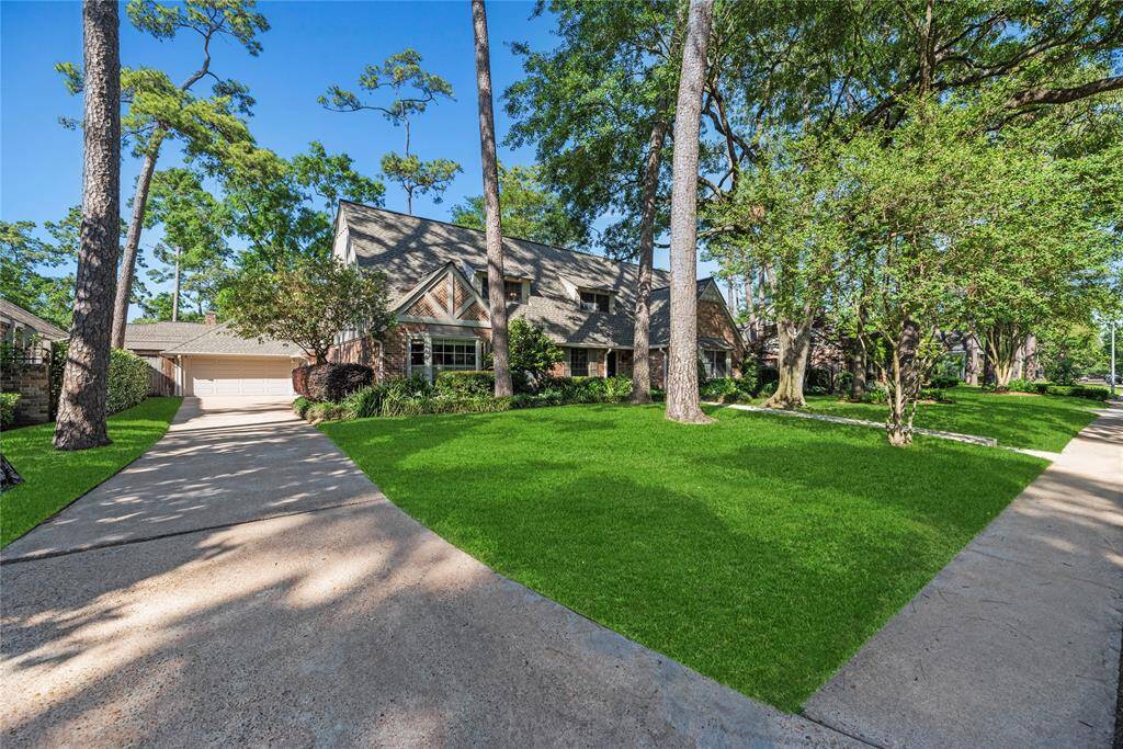 Sweeping view of the extended driveway leading to a detached garage, framed by towering pines and lush landscaping in the front yard.