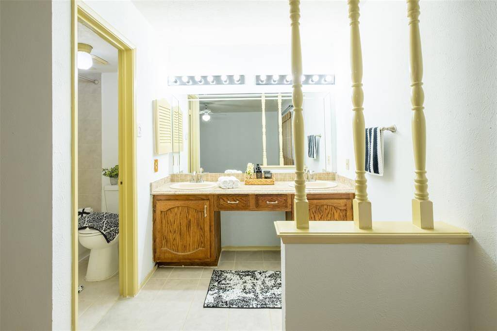 Primary bathroom with dual sinks.