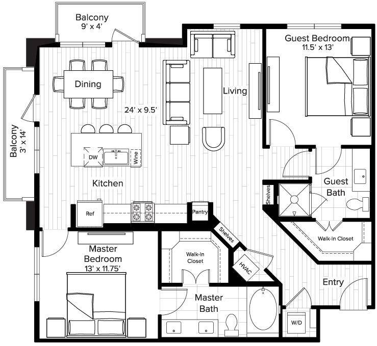 Double balconies off this corner unit! Formal entry, built ins, oversized rooms! Double sinks and a tub/shower in one bath and a standup shower in the other