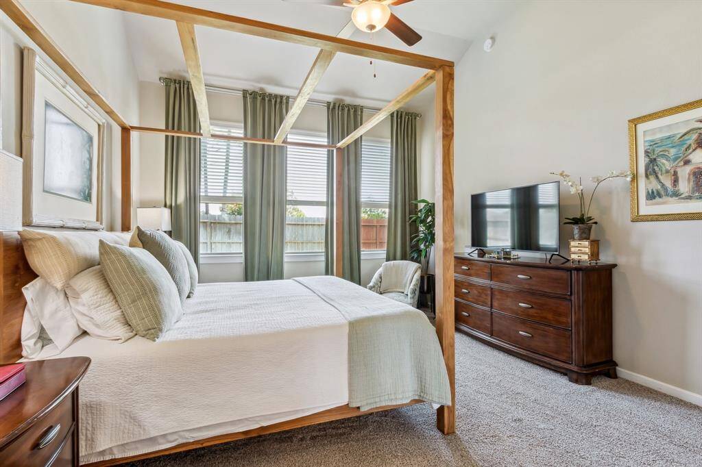Floor to ceiling velveteen curtains, linen type sheers and blinds all allow you to darken or brighten the Primary suite to your taste