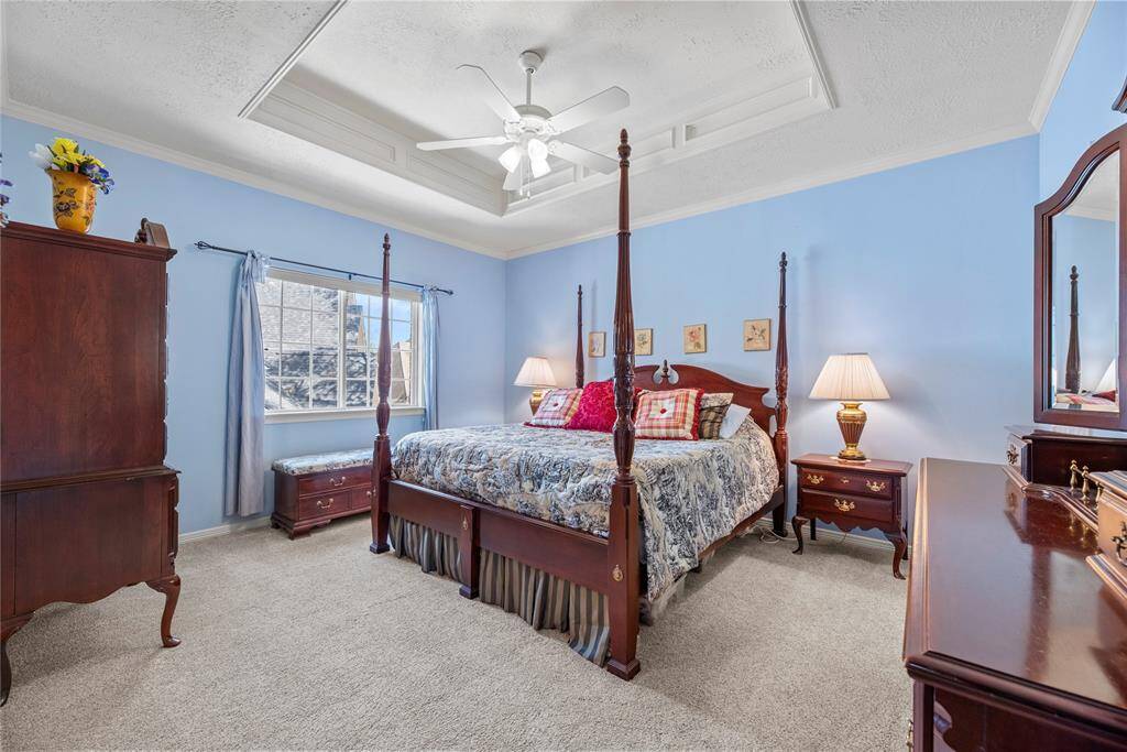 Third bedroom in located on the second floor and measures 14.1 x 12.1. It has a vaulted ceiling, carpeted floor and a ceiling fan for comfort