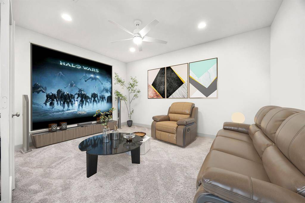 Grab the popcorn, put on a movie, and enjoy a wonderful evening in your amazing media room! Featuring plush carpet, custom paint, and custom lighting that makes this the perfect room for relaxing.*Virtually Staged