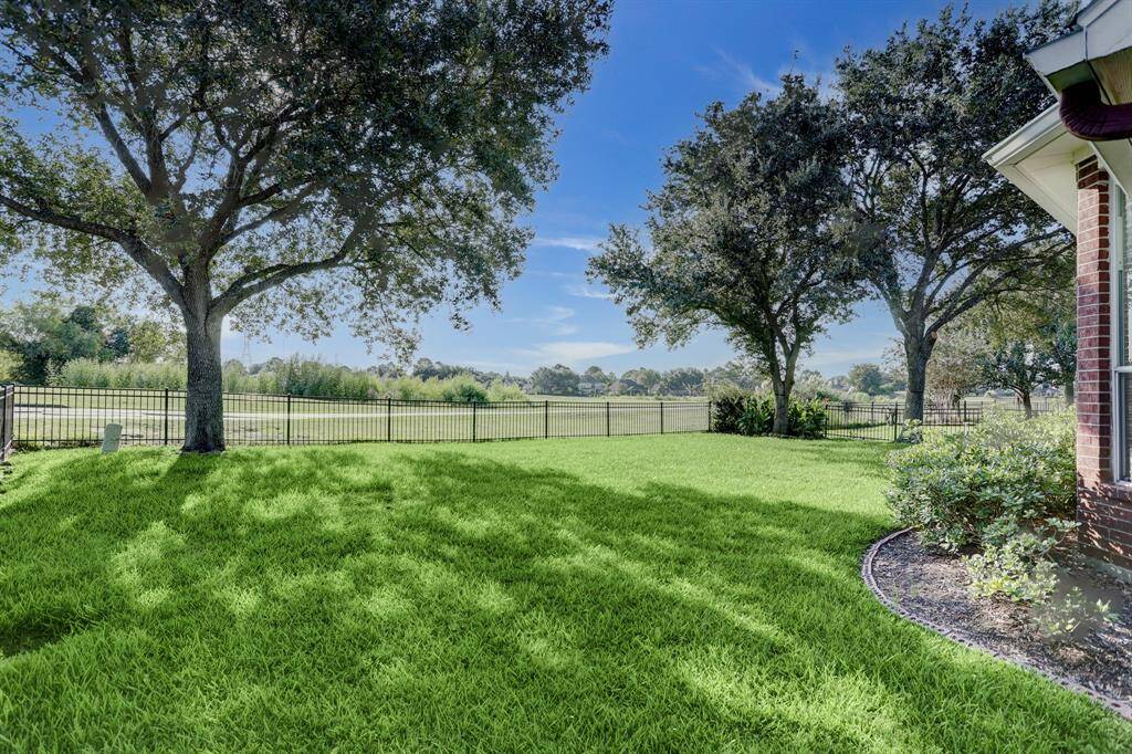 This photo showcases a spacious backyard with lush green grass and mature trees, bordered by a metal fence, offering a serene and open view.