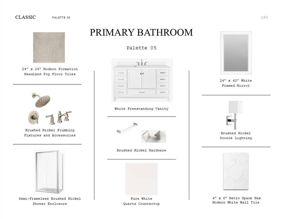 Classic Look Palette 5: Primary Bathroom Selection Sheet (*Artist rendering used for illustration purposes only.)