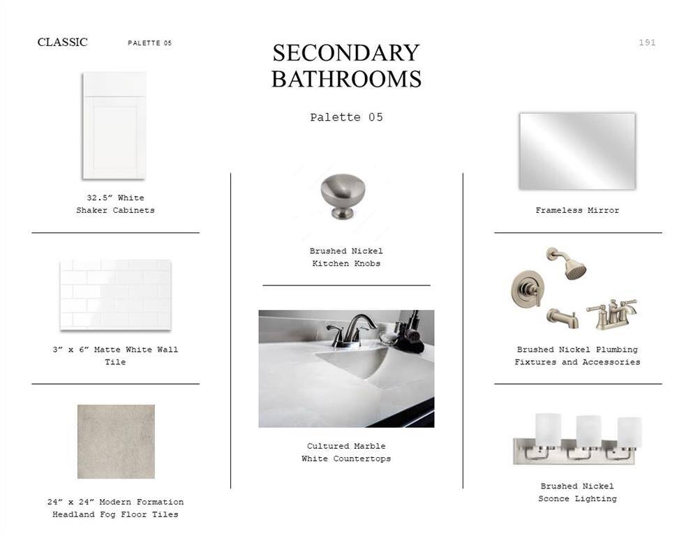 Classic Look Palette 5: Secondary Bathrooms Selection Sheet (*Artist rendering used for illustration purposes only.)