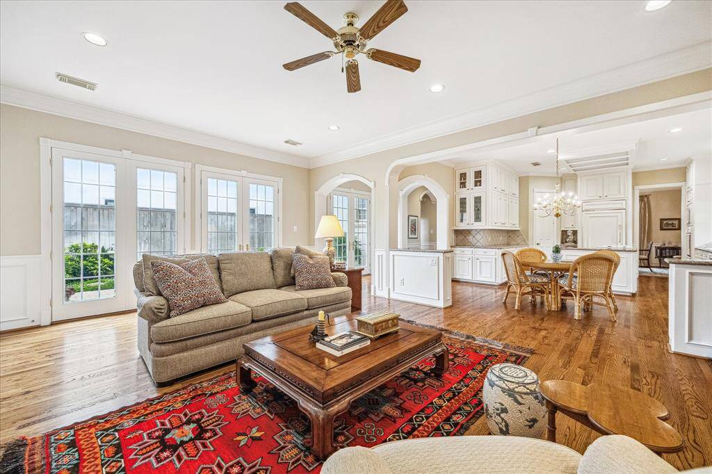 This view from the family room is looking through the French doors into the backyard and another view into the breakfast room.