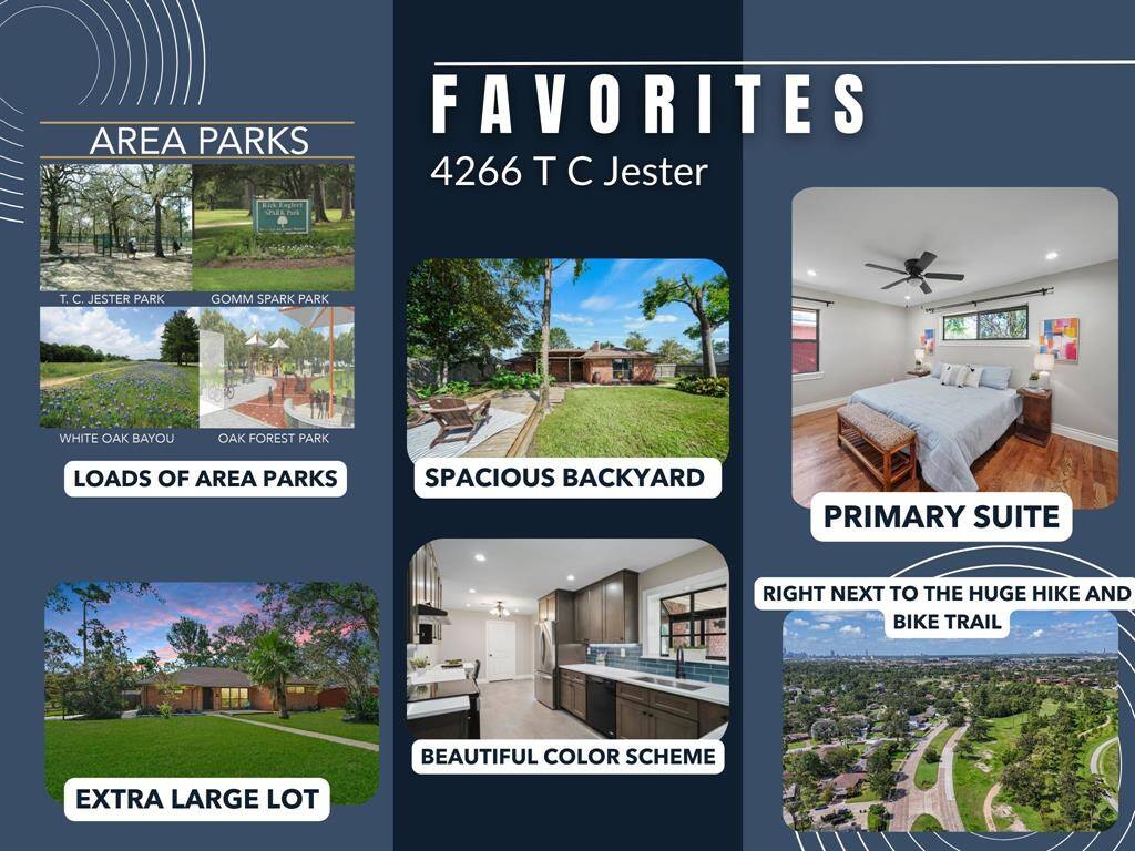 Our favorites include the abundance of nearby parks, a huge backyard with multiple seating areas perfect for entertaining, a gorgeous primary suite, and a stunning color scheme that ties the home together beautifully