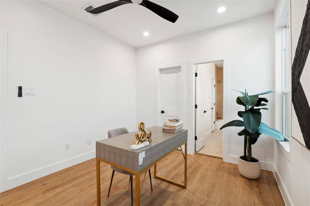Every secondary room has no carpet with high ceilings on the second floor.