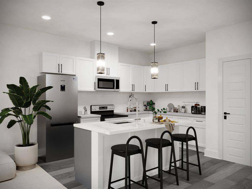 Virtually staged kitchen area with quartz countertop