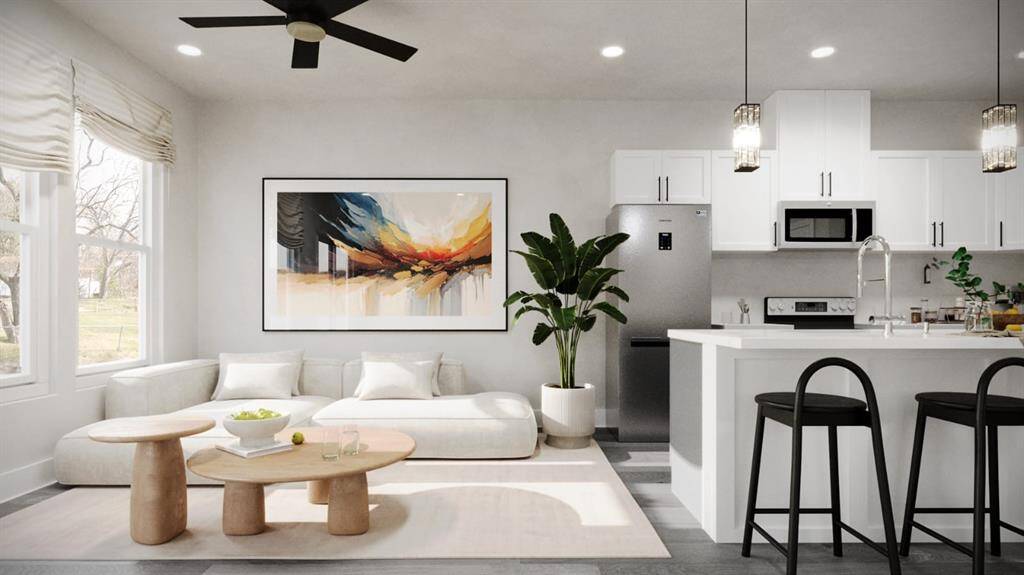 Virtually staged living room & kitchen space