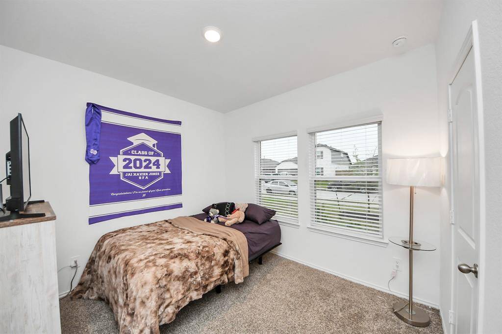 Cozy bedroom with carpeted flooring, featuring a bed, a small TV on a stand, and a floor lamp. The room has ample natural light from two windows and neutral walls with a decorative wall hanging.