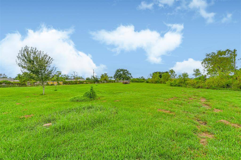This is a spacious, open grassy lot with clear skies above, featuring a few trees and surrounded by fencing.