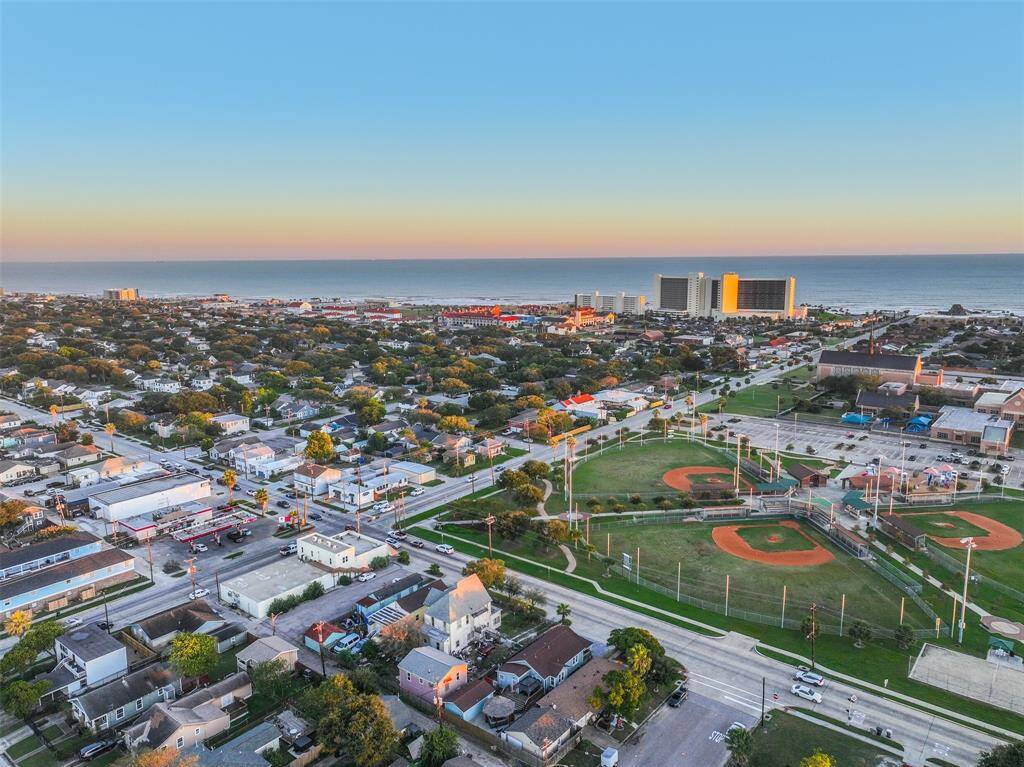 Aerial view of a recreational park and the ocean.