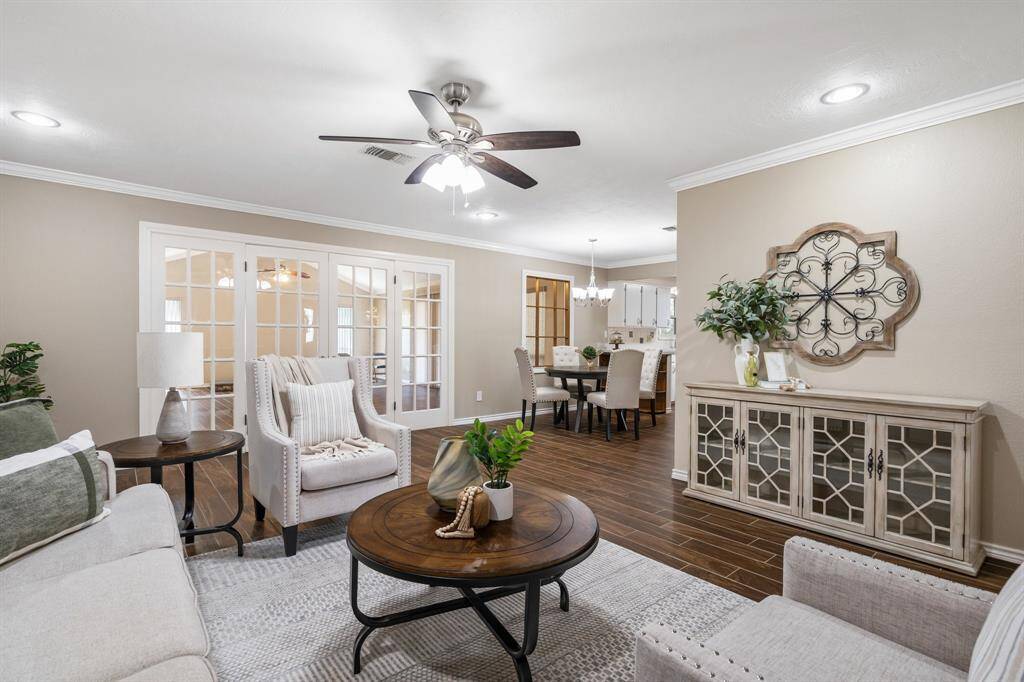 Another view of the family room looking into the breakfast room and kitchen.