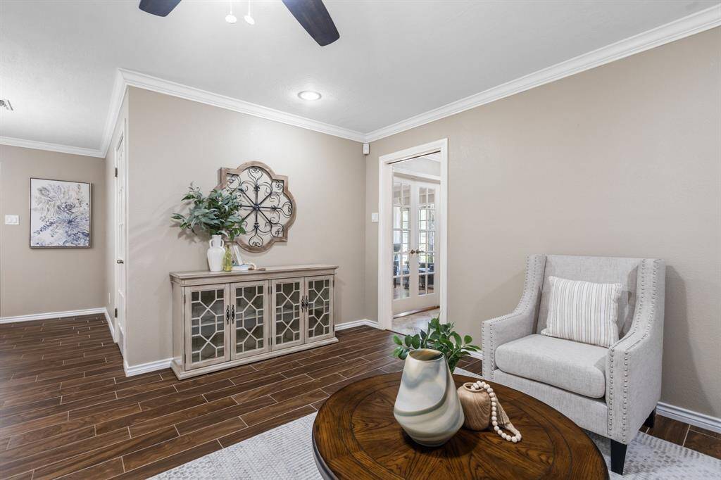 Family room looking towards the entryway. French doors lead into the dining room.