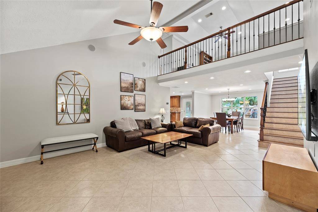 Truly open concept, the family room has clear sights to both the dining area and kitchen.