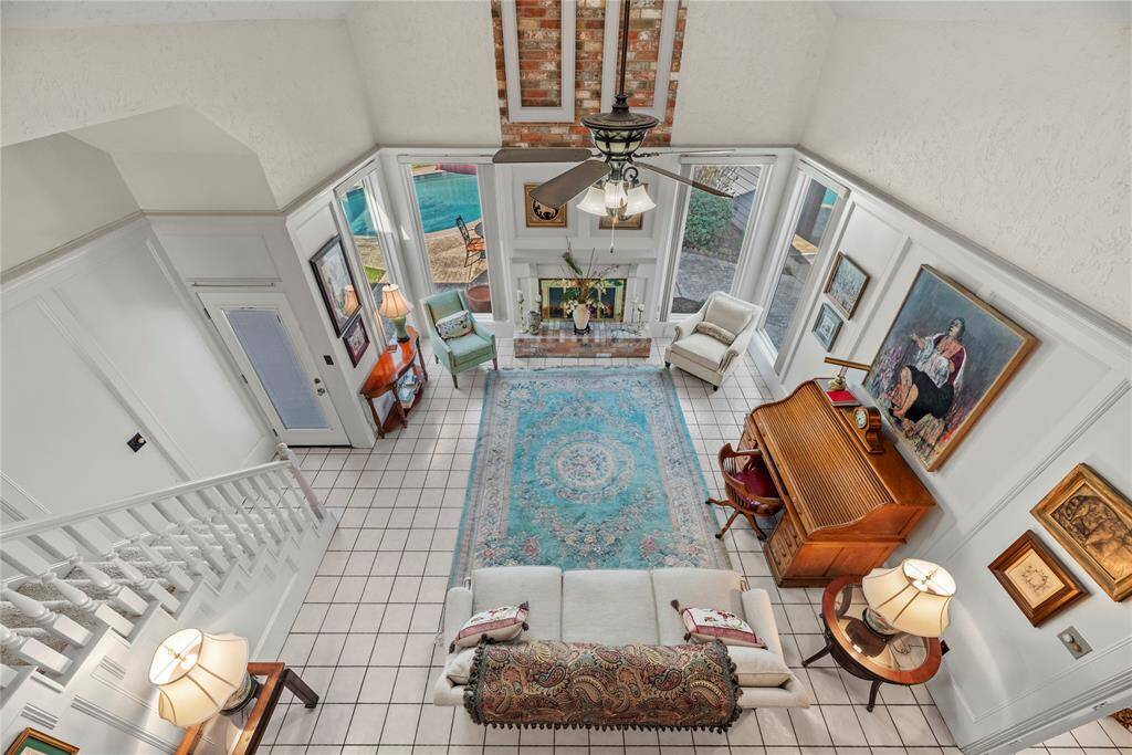 View from second floor open railing in the living room.